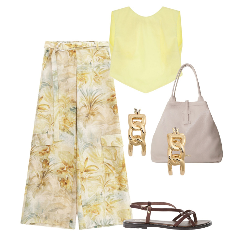 Outfit donna - Giugno. Stile Urban per Tutti i giorni. Abbinamento con top, pantaloni, borse tote, sandali, orecchini.