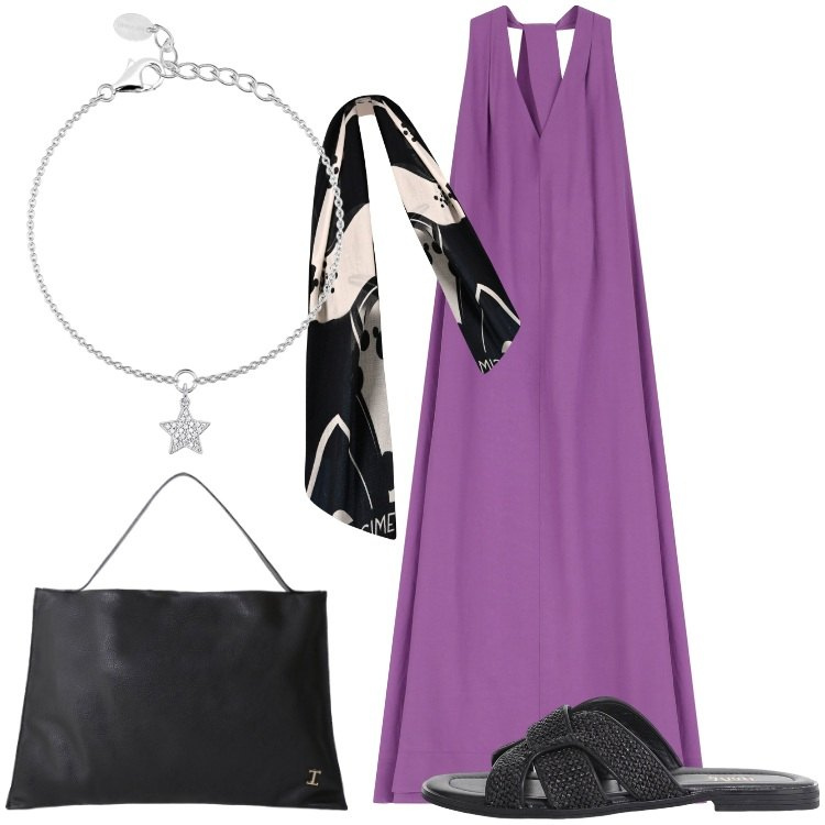 Outfit donna - Maxi Summer Dress minimal. Stile Minimal per Tutti i giorni. Abbinamento con braccialetti con ciondoli, sciarpe, borse a spalla, vestiti lunghi, sandali.