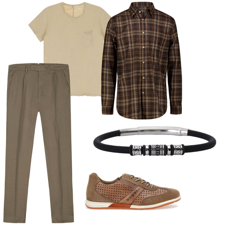 Outfit uomo - La camicia. per Ufficio. Abbinamento con braccialetti, t-shirt, scarpe stringate, pantaloni, camicie.