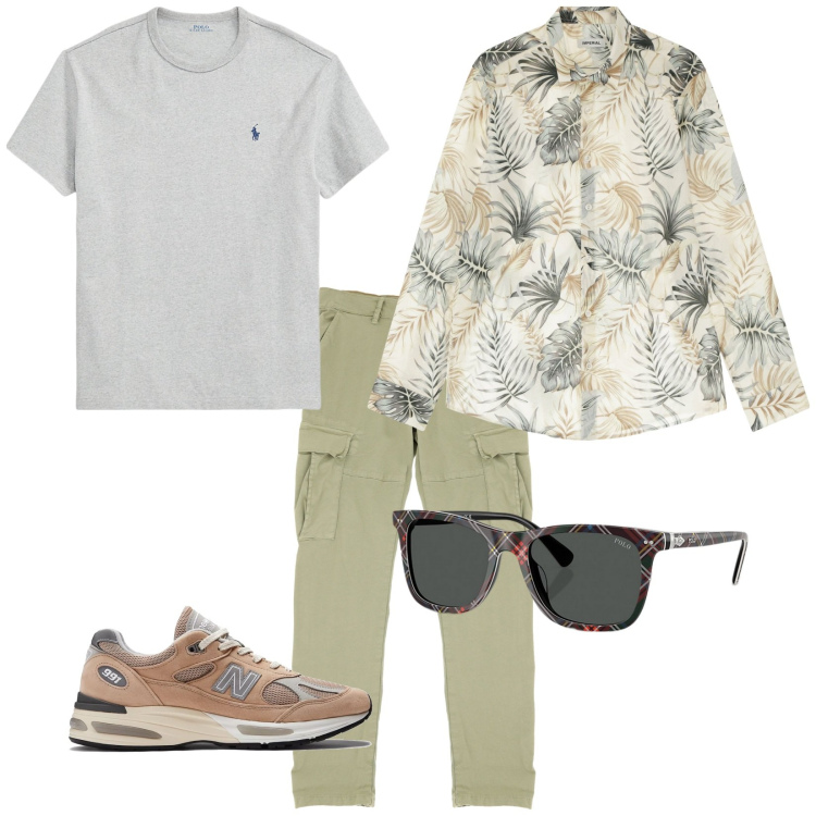 Outfit uomo - La camicia. per Ufficio. Abbinamento con sneakers, camicie, pantaloni cargo, t-shirt, occhiali da sole.