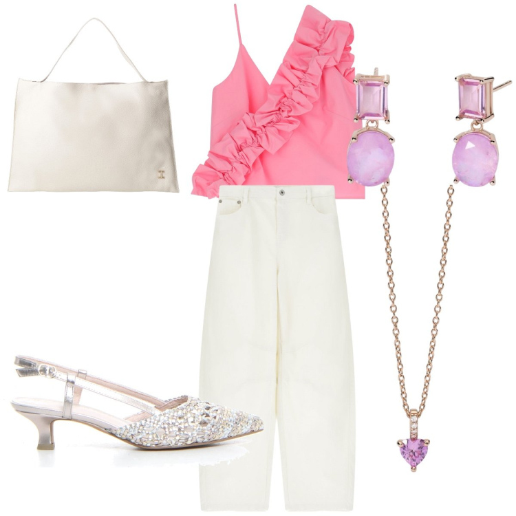 Outfit donna - Serata Rosè. Stile Casual chic per Serata fuori. Abbinamento con orecchini, ciondoli, jeans, top, borse a spalla, sandali col tacco.