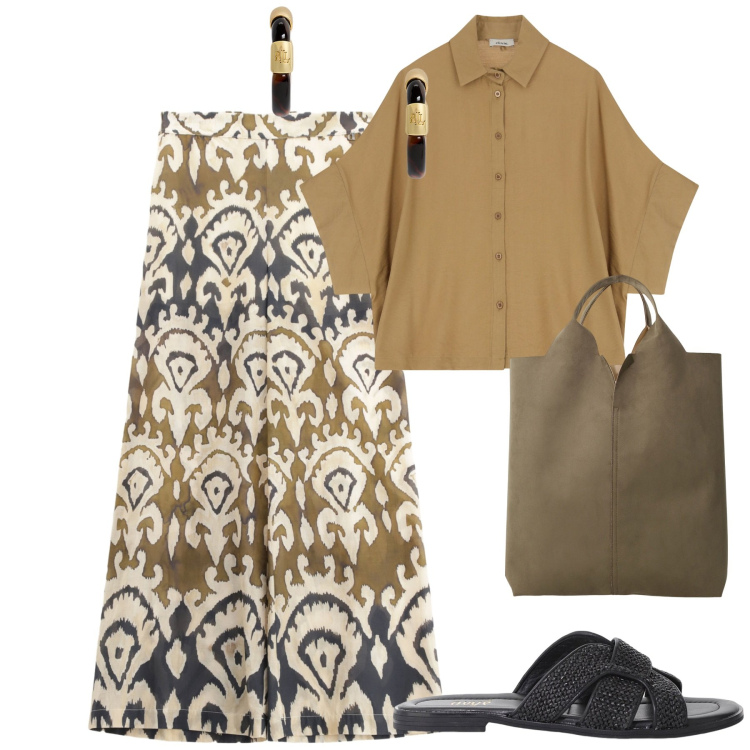 Outfit donna - Boho chic. Stile Boho per Tutti i giorni. Abbinamento con shopping bag, sandali, pantaloni, camicie a manica corta, orecchini.