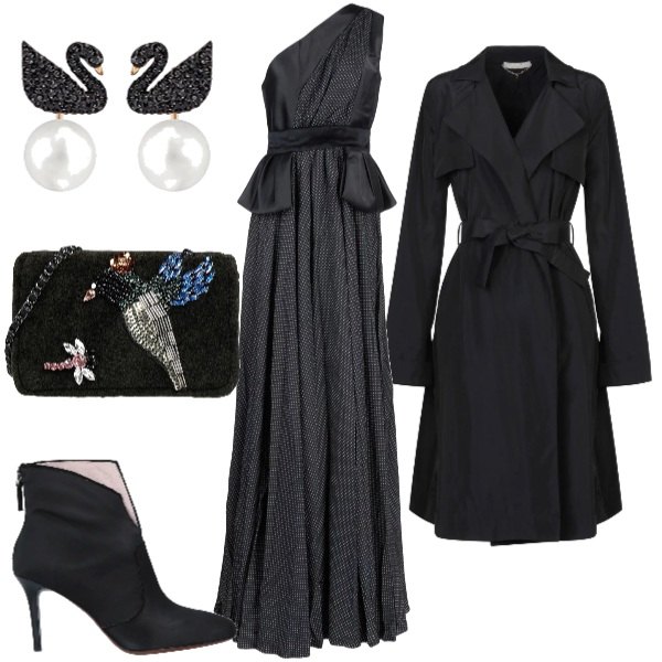 Outfit donna - Vestita a festa. Stile Chic per Serata fuori. Abbinamento con vestito lungo a ruota monospalla contrasto scollatura profonda con zip interno foderato in velluto senza tasche, soprabito in tessuto tecnico, stivaletti con tacco spillo e zip con punta tonda in raso tinta unita, borsa a tracolla mini con strass contrasto con perline interno foderato in pile tinta unita, orecchini.