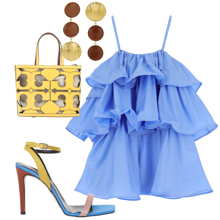 Outfit donna - Abito volant. Stile Glamour per Tutti i giorni. Abbinamento con borse a mano, vestiti corti, sandali col tacco, orecchini.