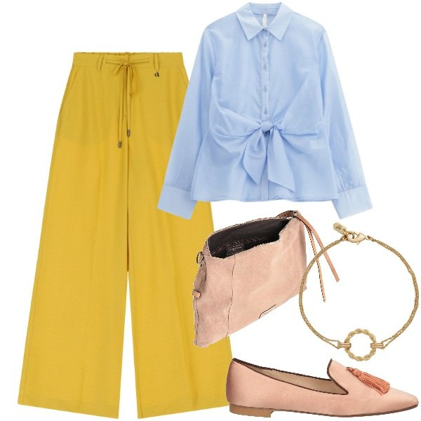 Outfit donna - Lineare. Stile Chic per Ufficio. Abbinamento con borse a tracolla, mocassini, camicie, pantaloni, braccialetti.