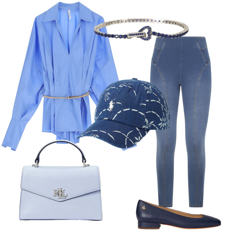 Outfit donna - La camicia con cintura. Stile Urban per Ufficio. Abbinamento con braccialetti, camicie, jeggings, borse a mano, ballerine, cappelli.