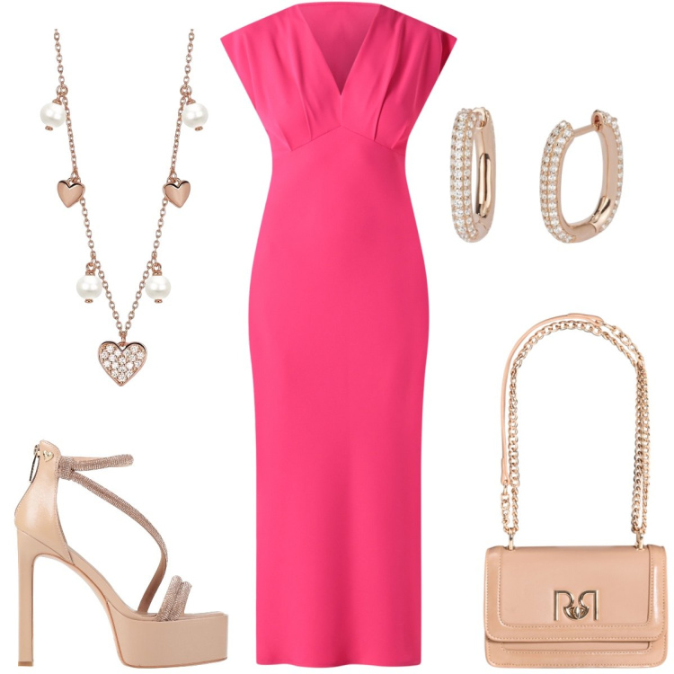 Outfit donna - Total look #2182834. Stile Chic per Cerimonia. Abbinamento con sandali col tacco, orecchini, collane, vestiti midi/longuette, borse a tracolla.