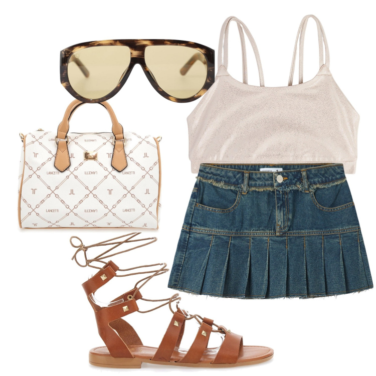 Outfit donna - Sandalo gladiator. Stile Casual chic per Tutti i giorni. Abbinamento con minigonne, canottiere, occhiali da sole, sandali, borse a mano.
