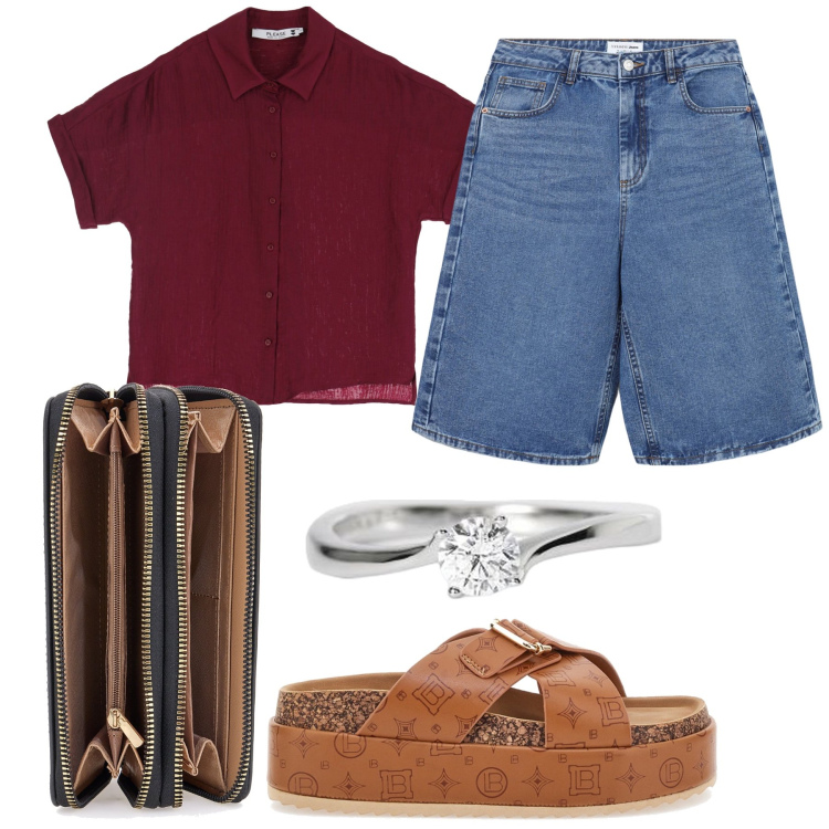 Outfit donna - A casa col mio lui. Stile Basic per Tutti i giorni. Abbinamento con bermuda, anelli, camicie a manica corta, portafogli, ciabatte.