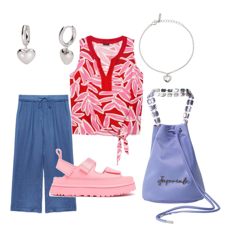 Outfit donna - Passeggiando in città. Stile Casual per Tutti i giorni. Abbinamento con orecchini, braccialetti con ciondoli, borse a secchiello, pantaloni, top, sandali.
