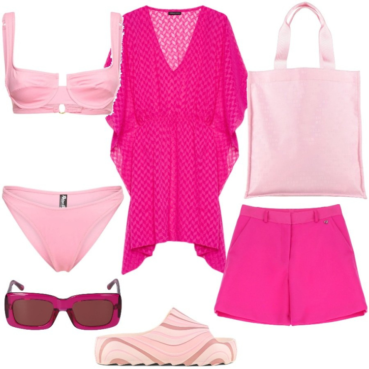 Outfit donna - Un\'estate in rosa. Stile Casual chic per Mare. Abbinamento con borse a mano, shorts, ciabatte, caftani, occhiali da sole, bikini.