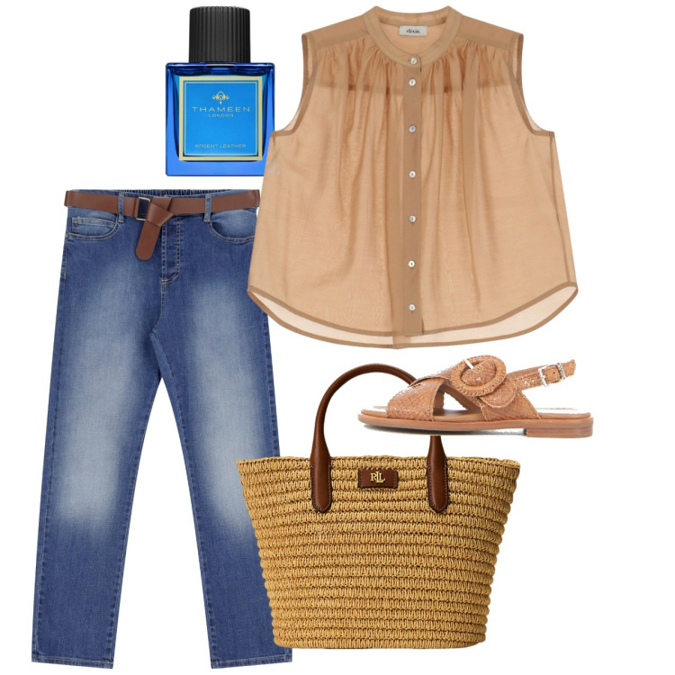 Outfit donna - Giugno. Stile Casual chic per Tutti i giorni. Abbinamento con profumi, jeans dritti, camicie, borse tote, sandali.