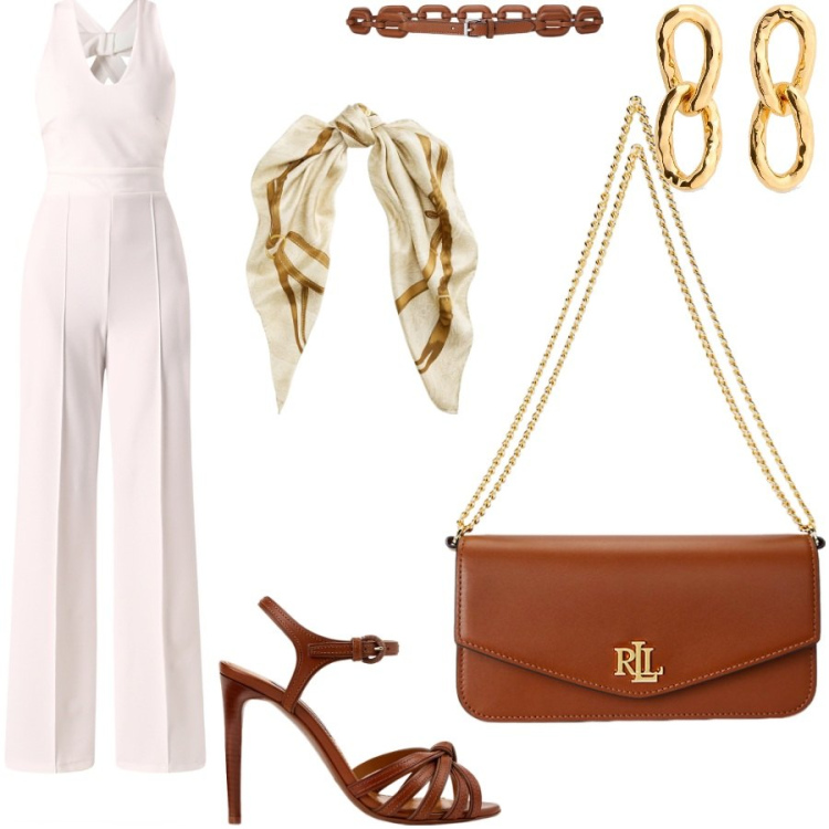 Outfit donna - Panna e color cuoio. Stile Glamour per Serata fuori. Abbinamento con tute, borse a spalla, sandali col tacco, cinture, foulard, orecchini.