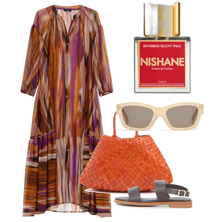 Outfit donna - Giugno a Siviglia. Stile Boho per Tutti i giorni. Abbinamento con profumi, vestiti lunghi, occhiali da sole, borse a spalla, sandali.