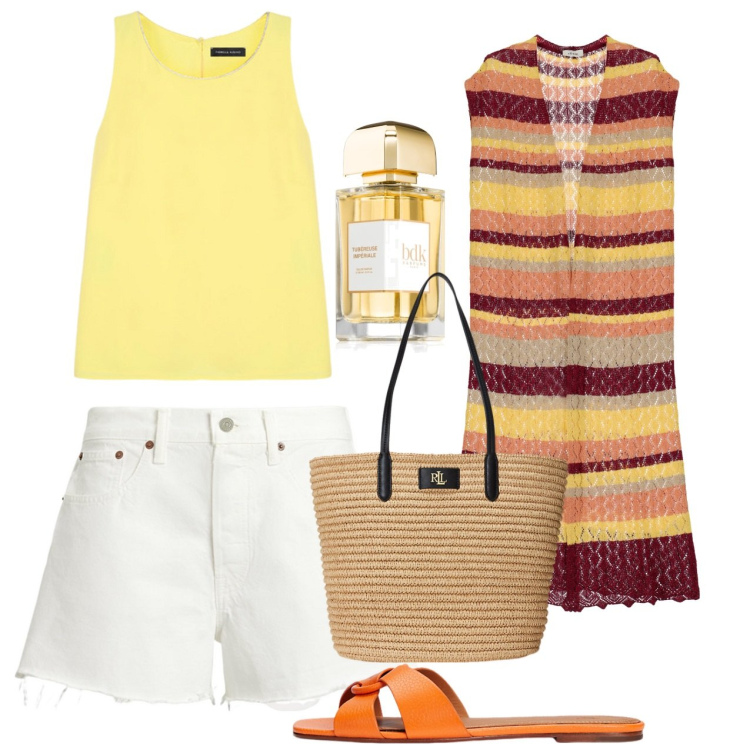 Outfit donna - Giugno. Stile Boho per Tutti i giorni. Abbinamento con profumi, gilet, borse tote, sandali in pelle, shorts, top.