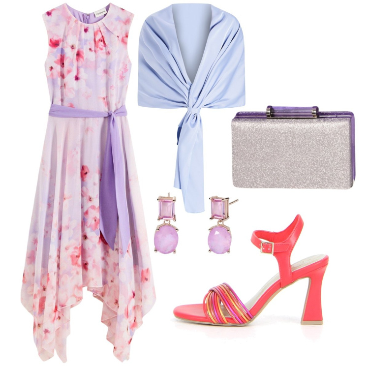 Outfit donna - Cena in terrazza. Stile Chic per Serata fuori. Abbinamento con vestiti, orecchini, stole, pochette, sandali col tacco.