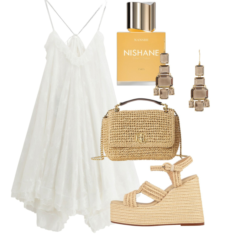 Outfit donna - Giugno Sicily. Stile Romantica per Tutti i giorni. Abbinamento con sandali in pelle, profumi, vestiti corti, borse a spalla, orecchini.