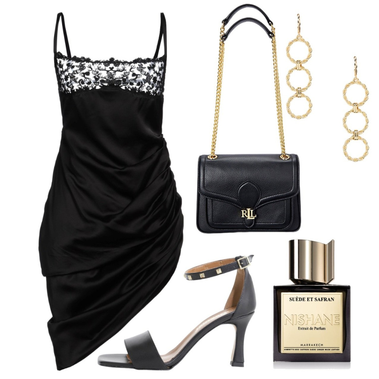 Outfit donna - Serata. Stile Chic per Serata fuori. Abbinamento con vestiti corti, profumi, sandali col tacco, borse a spalla, orecchini.