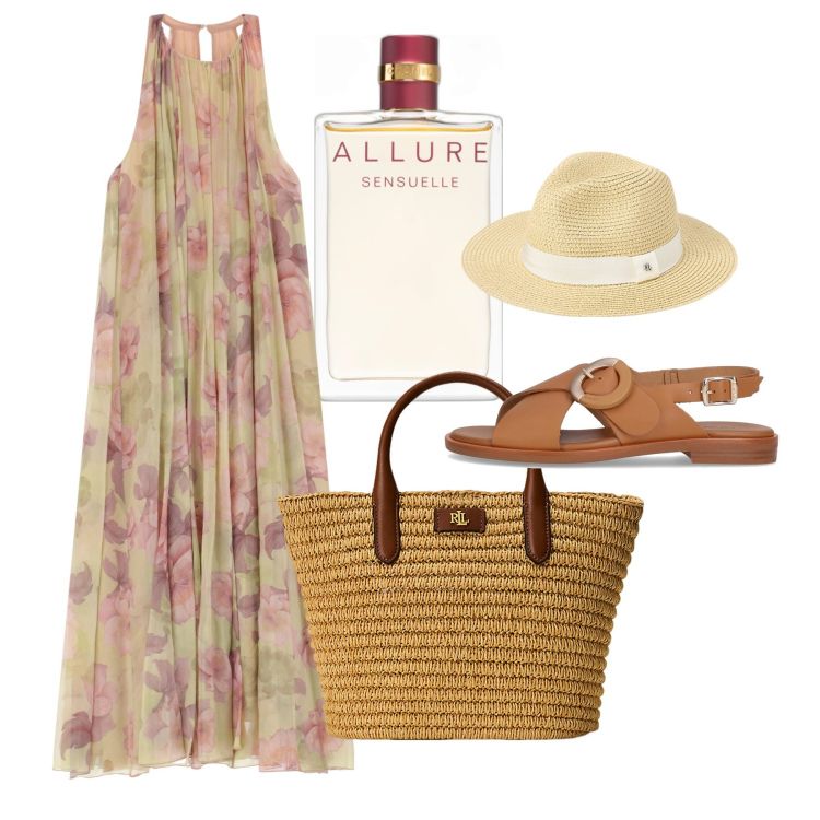 Outfit donna - Giugno. Stile Romantica per Tutti i giorni. Abbinamento con profumi, vestiti lunghi, borse tote, cappelli, sandali.