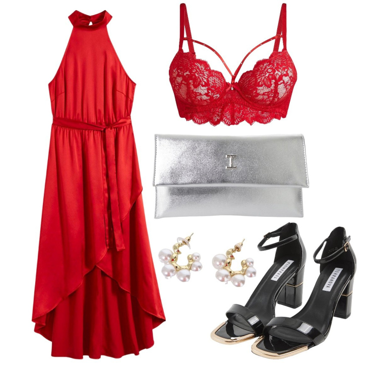 Outfit donna - Curvy - Cena in terrazza. Stile Chic per Serata fuori. Abbinamento con vestiti, reggiseni, sabot, pochette, orecchini.