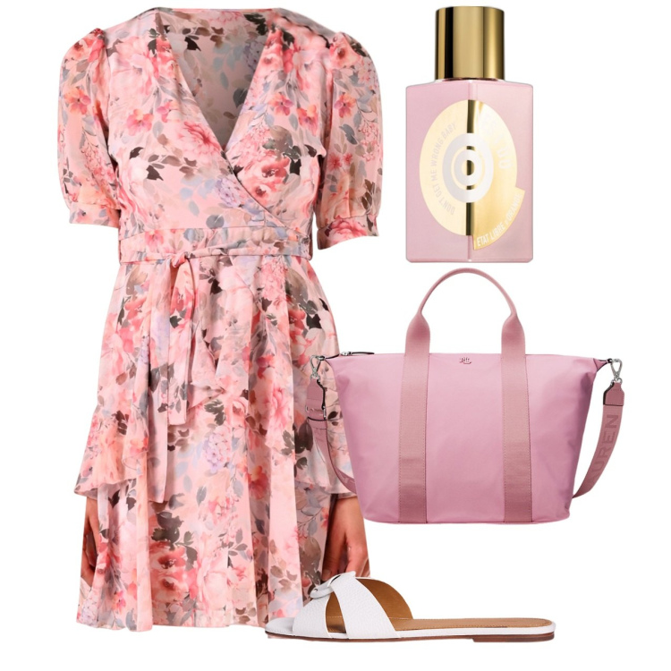 Outfit donna - June pink. Stile Romantica per Tutti i giorni. Abbinamento con profumi, vestiti corti, sandali in pelle, borse tote.