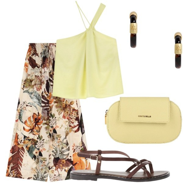 Outfit donna - Pantalone palazzo e sandalo. Stile Casual chic per Serata fuori. Abbinamento con borse a mano, pantaloni a palazzo, top, sandali, orecchini.