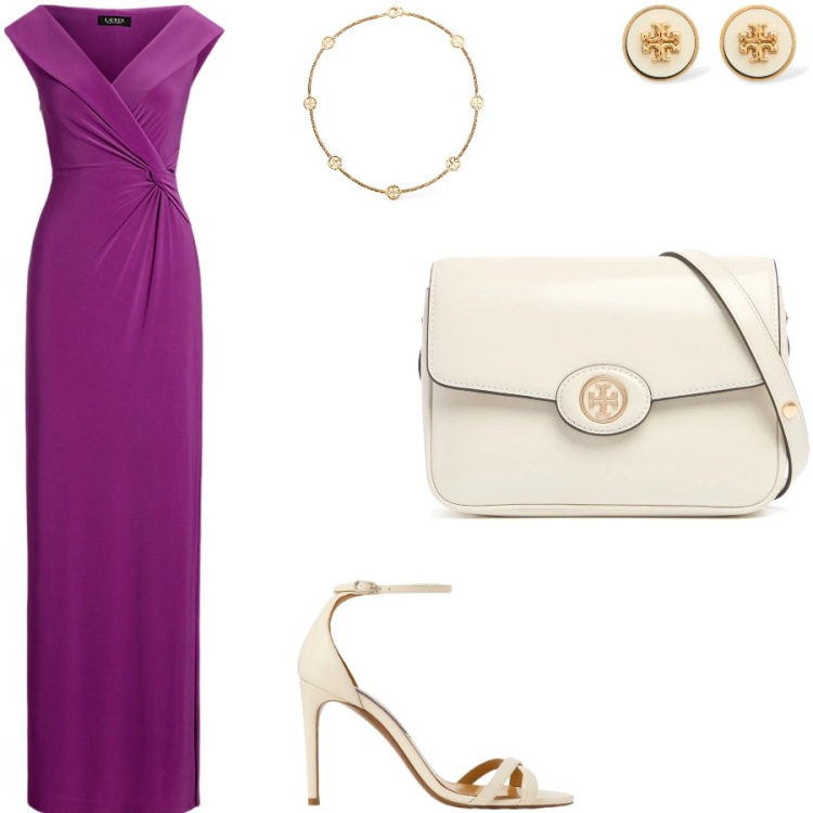 Outfit donna - Serata fuori. Stile Chic per Cerimonia. Abbinamento con sandali col tacco, vestiti lunghi, orecchini, borse a spalla, collane.