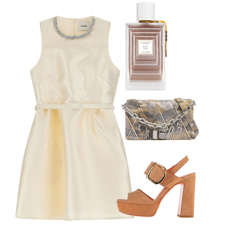 Outfit donna - Taffetà. Stile Glamour per Cerimonia. Abbinamento con sandali in pelle, profumi, vestiti corti, pochette.