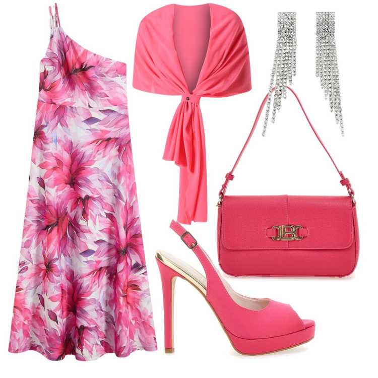 Outfit donna - Curvy - L’abito monospalla. Stile Chic per Serata fuori. look ideale per Petite. Abbinamento con vestiti asimmetrici, scialli, orecchini, décolleté, borse a spalla.