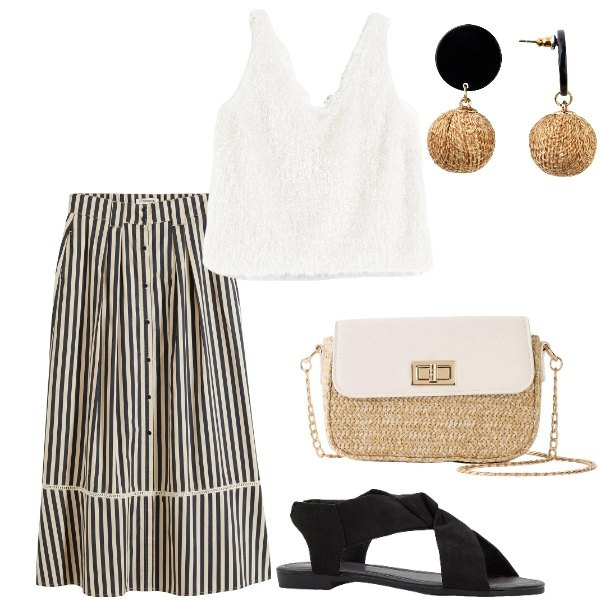 Outfit donna - il gonnelone a righe. Stile Casual per Tutti i giorni. Abbinamento con gonne lunghe, sandali, orecchini, top, shopping bag.