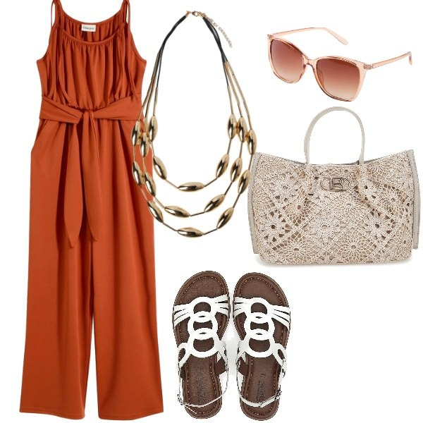 Outfit donna - Andiamo a fare shopping. Stile Casual per Tutti i giorni. Abbinamento con tute, occhiali da sole, sandali, borse a tracolla, collane.
