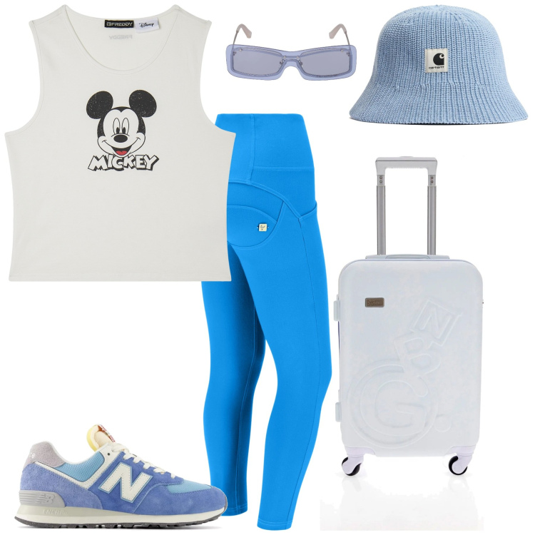 Outfit donna - Pronti per il weekend. Stile Sporty chic per Tutti i giorni. Abbinamento con sneakers, canottiere, pantaloni skinny, valigie, occhiali da sole, cappelli.