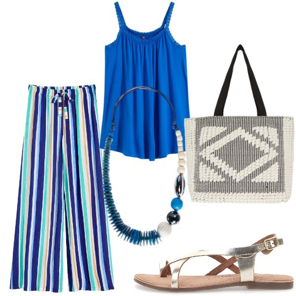 Outfit donna - Colori dell\'estate.......aperitivo. Stile Casual per Serata fuori. Abbinamento con pantaloni, top, sandali in pelle, collane, shopping bag.