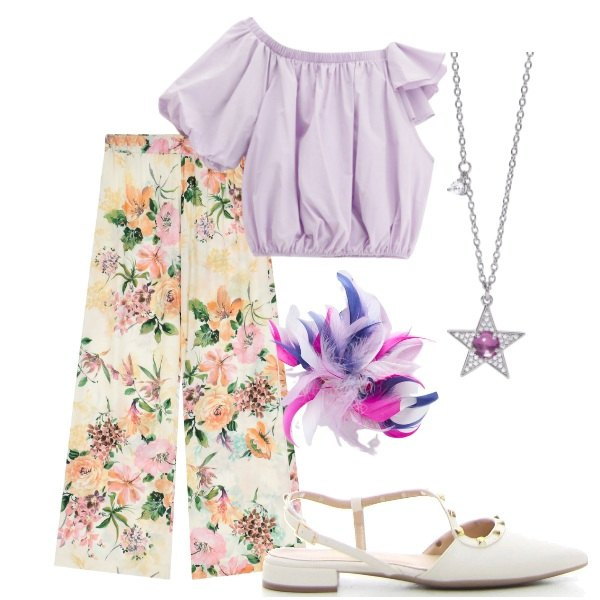 Outfit donna - A cena a casa di amici. Stile Casual chic per Serata fuori. Abbinamento con collane, top, pantaloni a palazzo, sandali in pelle, accessori per capelli.
