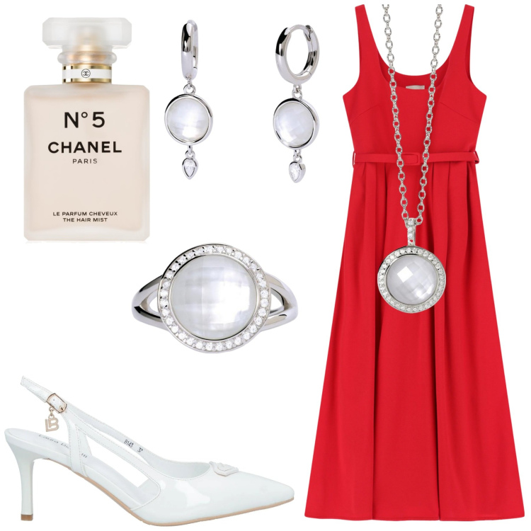 Outfit donna - Red. Stile Casual chic per Tutti i giorni. Abbinamento con décolleté, profumi, anelli, collane, orecchini, vestiti midi/longuette.