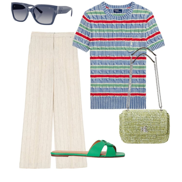Outfit donna - Accessori che fanno la differenza. per Tutti i giorni. Abbinamento con pantaloni a palazzo, occhiali da sole, t-shirt, ciabatte, borse a spalla.