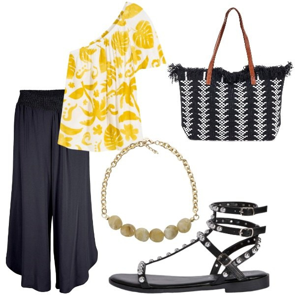 Outfit donna - Serata tra amici. Stile Casual chic per Serata fuori. Abbinamento con pantaloni culotte, bluse, sandali, collane, borse a spalla.