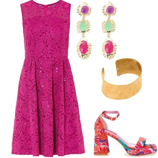 Outfit donna - Cerimonia tra intimi. Stile Glamour per Cerimonia. Abbinamento con vestiti, orecchini, sandali col tacco, braccialetti.