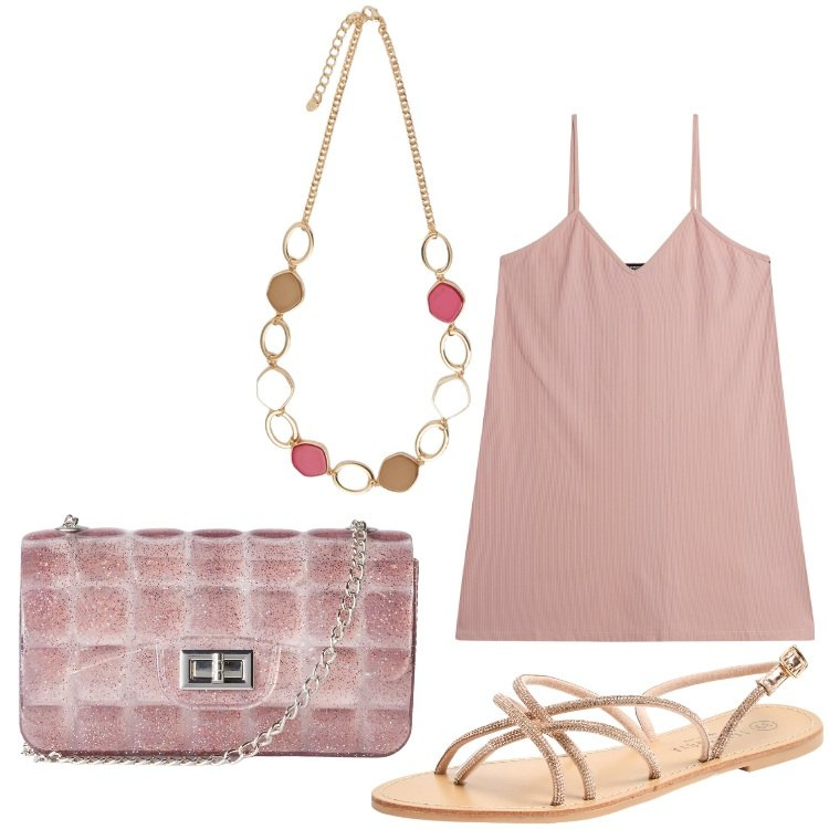 Outfit donna - La vie en rose. Stile Casual chic per Serata fuori. Abbinamento con sandali, borse a tracolla, vestiti corti, collane.