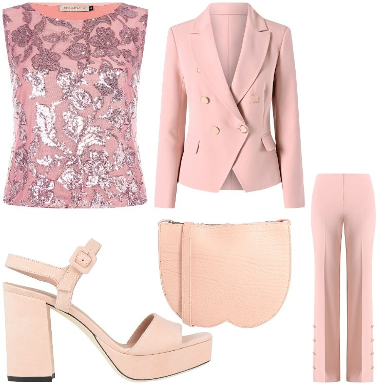 Outfit donna - Delicatamente. Stile Chic per Cerimonia. Abbinamento con borse a tracolla, sandali in pelle, blazer, pantaloni a palazzo, top.