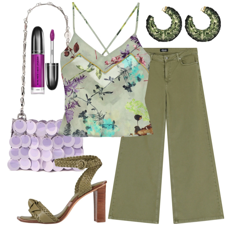 Outfit donna - Verde militare. Stile Urban per Tutti i giorni. Abbinamento con sandali in pelle, rossetti, canottiere, pantaloni, orecchini, borse a spalla.