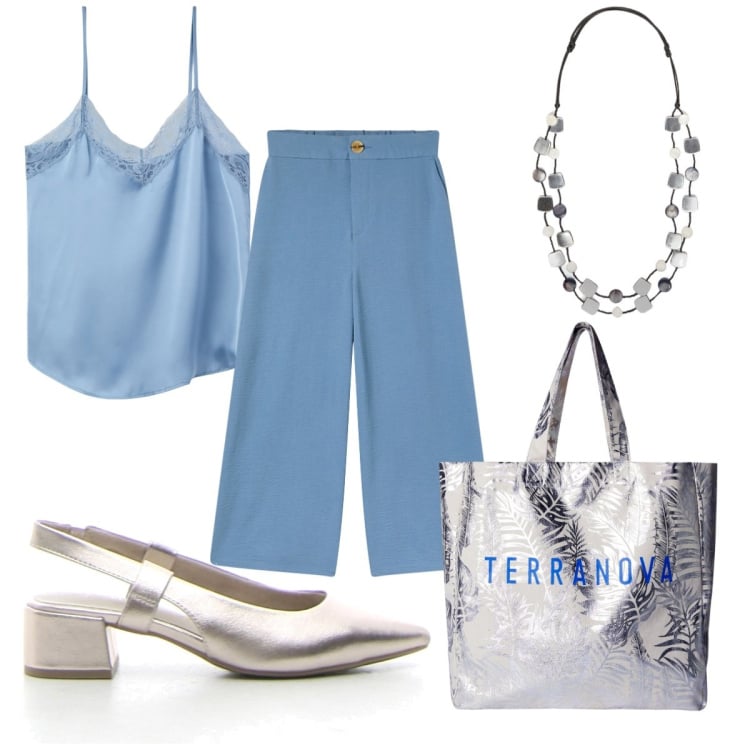 Outfit donna - Total look #2182944. Stile Trendy per Sport. Abbinamento con pantaloni a palazzo, borse tote, top, collane, décolleté.