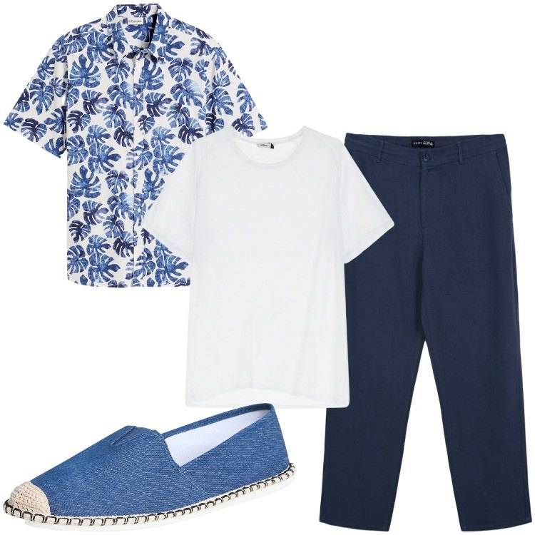 Outfit uomo - La camicia con fantasia allover. Stile Casual per Tutti i giorni. Abbinamento con camicie a manica corta, espadrillas, pantaloni chino, t-shirt.