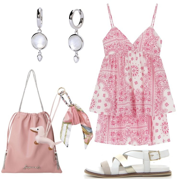 Outfit donna - Libera e piena di energia. Stile Trendy per Tutti i giorni. Abbinamento con orecchini, vestiti corti, borse a secchiello, portachiavi, sandali.