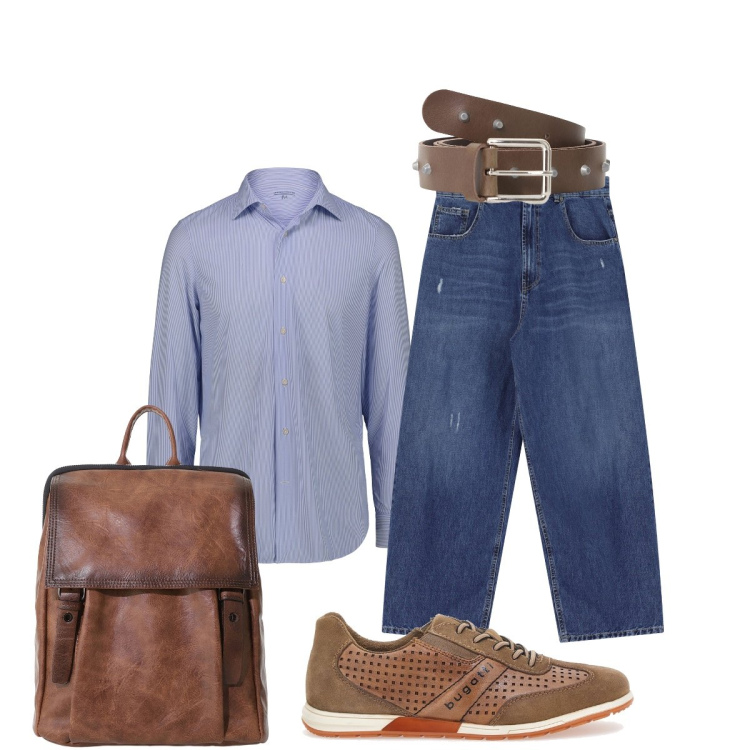 Outfit uomo - Dettagli in pelle. Stile Trendy per Ufficio. Abbinamento con jeans, cinture, borse sportive, scarpe stringate, camicie.