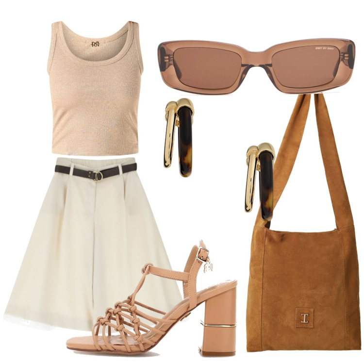 Outfit donna - Un po\' preppy al mare. Stile Preppy per Mare. Abbinamento con canottiere, pantaloni corti, borse a tracolla, orecchini, sandali col tacco, occhiali da sole.