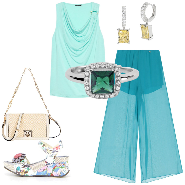 Outfit donna - Total look #2182961. Abbinamento con anelli, orecchini, borse a tracolla, pantaloni, top, sandali.