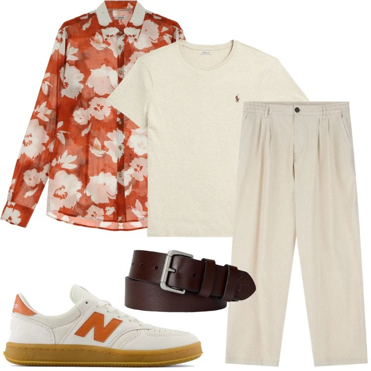 Outfit uomo - La camicia brick a fantasia floreale. Stile Urban per Tutti i giorni. Abbinamento con sneakers, pantaloni, camicie, cinture, t-shirt.