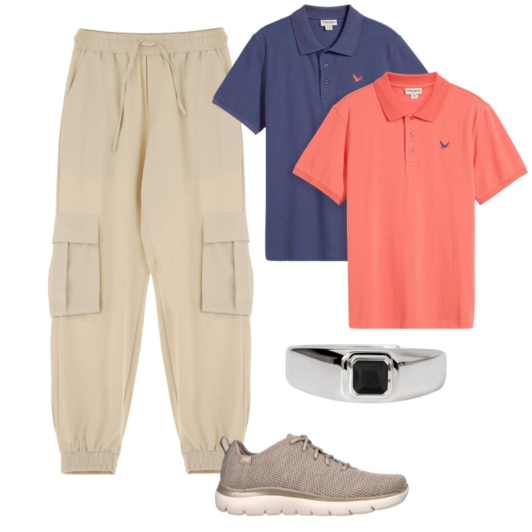 Outfit uomo - L\'anello il tuo regalo. per Serata speciale. Abbinamento con polo, anelli, pantaloni cargo, sneakers.