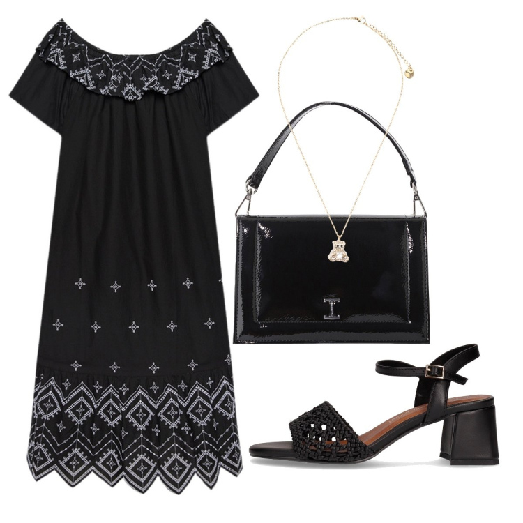 Outfit donna - Nero elegante. Stile Bon Ton per Serata fuori. Abbinamento con borse a tracolla, ciondoli, vestiti lunghi, sandali col tacco.